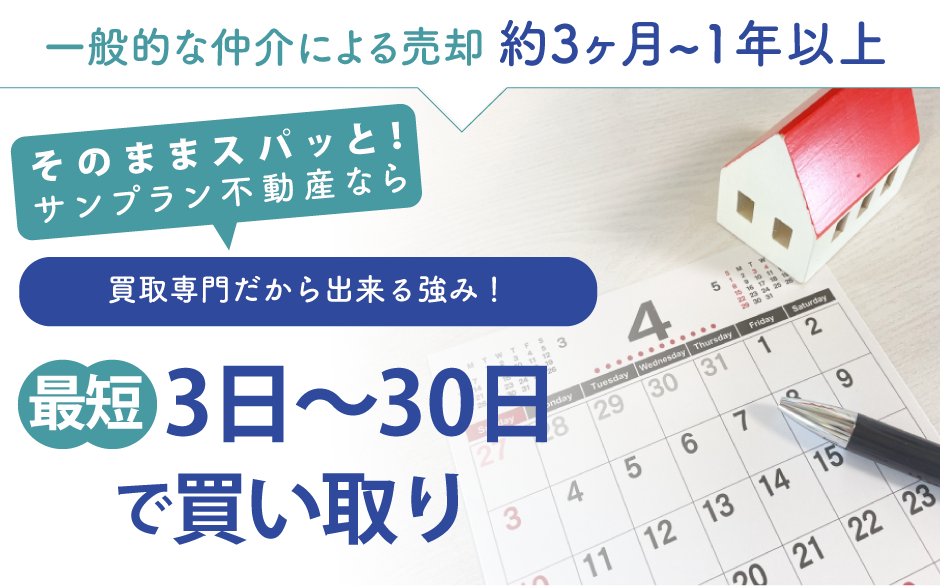 一般的な仲介による売却
約3ヶ月～1年以上。サンプラン不動産なら最短3日～30日で買い取り！※物件によっては超過する場合がございます。ご了承ください。